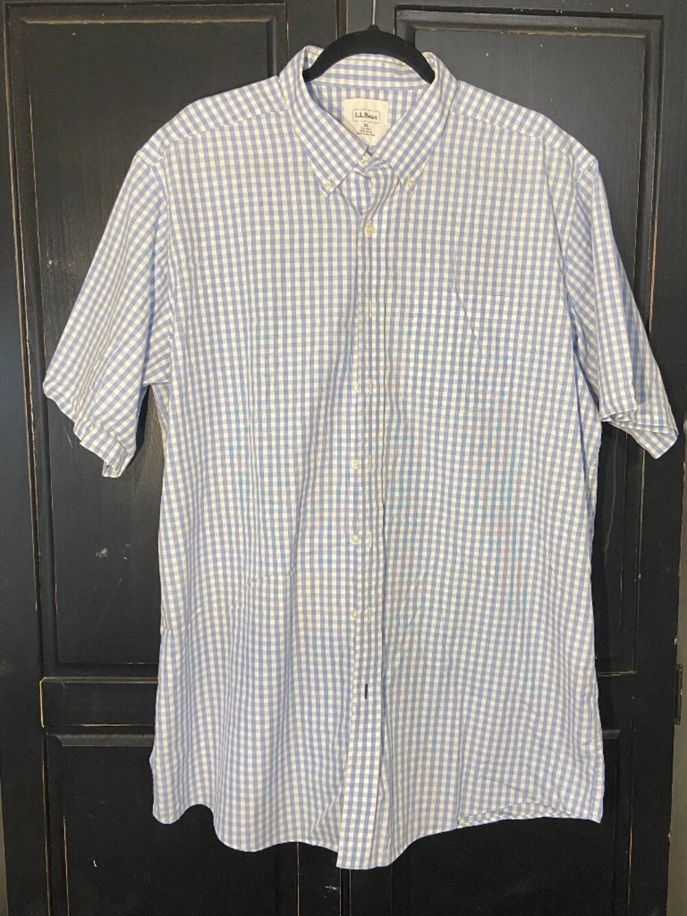 LL Bean Seersucker Shirt Men's XLT Tall Blue & White Plaid 100% Cotton